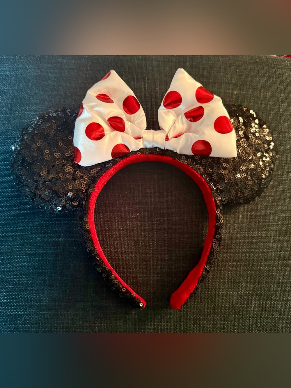 Disney Black Sequin Minnie Ears Headband with White & Red Metallic Polka Dot Bow